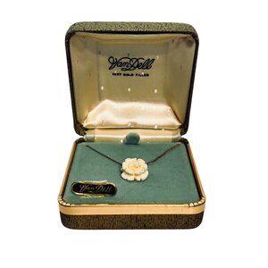 Van Dell 12K Gold Filled Curb Chain Necklace W/ Celluloid Rose Pendant (6255)